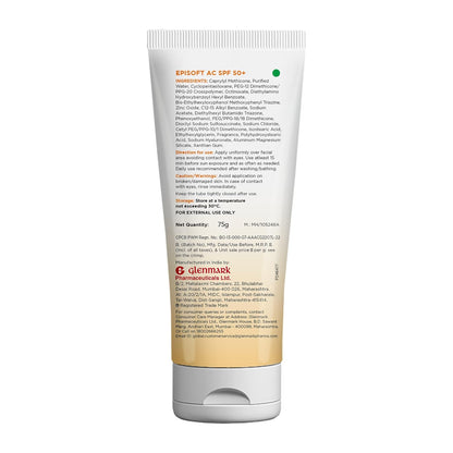 Episoft AC SPF 50 + sunscreen | Maximum Hydration | Protection against both UV-A/UV-B, Water and Sweat Resistance | Lightweight | With anti-aging benefits | For all Skin Types | No white cast | 50 G