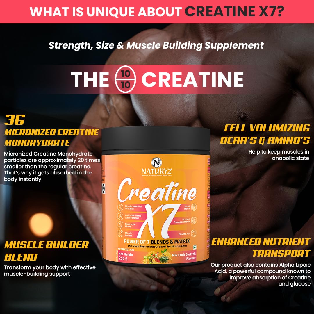 NATURYZ Creatine X7 Pure Micronized Creatine Monohydrate Post Workout drink | Rapid Absorption with Aminos | BCAA | ATP Transport Matrix | Muscle Growth & Strength | Power of 7 Blends | Muscle Builder- 250g(MixFruit Cocktail)