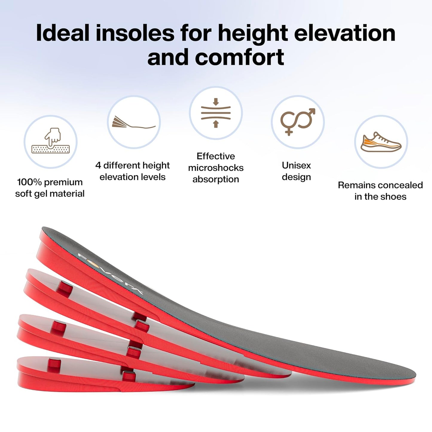 FOVERA Height Increasing Insoles - Gel Height Increase Insole for Shoe for Women - Heel Lift Shoe Pads with 4 Level of Height - Trim to Fit, Breathable Fabric (Regular: 5-9 UK, Pack of 1)