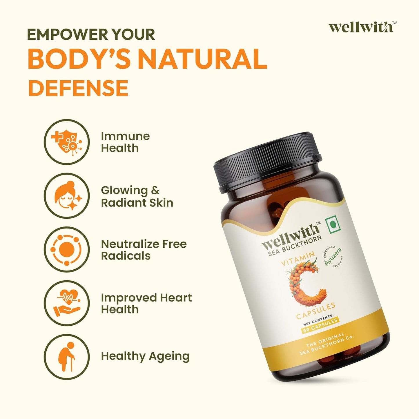 Wellwith Sea buckthorn Berry Powder Capsules â€“ 60 Vegan Caps |Sea buckthorn capsules rich in Natural Vitamin C for Skin Glow & Collagen Boost | Pack of 1