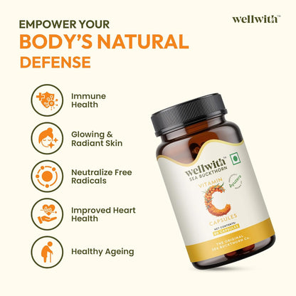 Wellwith Sea buckthorn Berry Powder Capsules â€“ 60 Vegan Caps |Sea buckthorn capsules rich in Natural Vitamin C for Skin Glow & Collagen Boost | Pack of 1