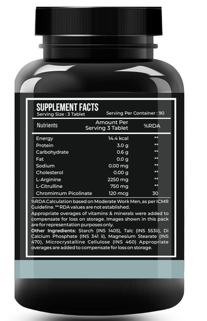 Nutrasium Nitric Oxide Supplement For Man | 2250 mg L-Arginine, 750 mg L-Citrulline with Chromium Picolinate For Supports Nitric Oxide Level, Improve Muscle Pump & Blood Flow, Boost Endurance, Stamina & Performance | 90 veg Tablets.