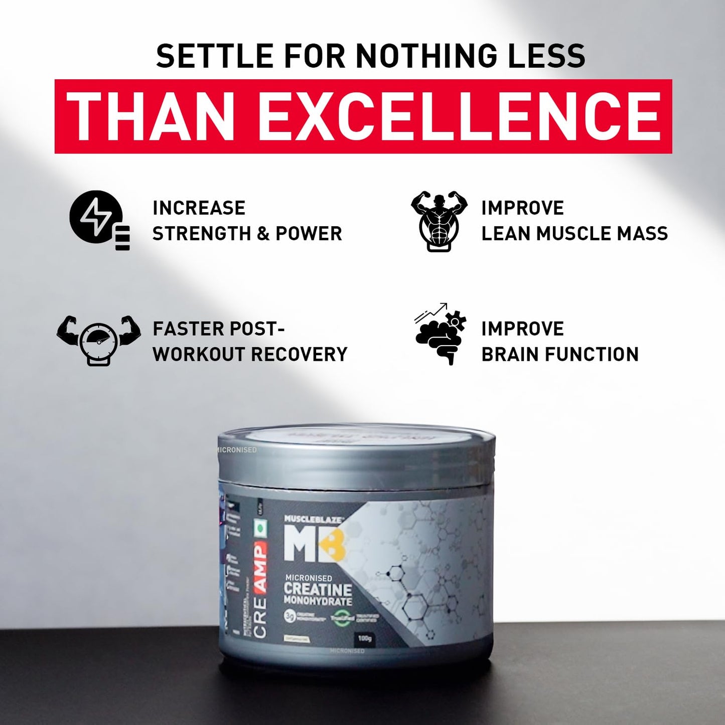 MuscleBlaze Micronised Creatine Monohydrate CreAMP Powder, Unflavoured (32 Servings, 100g) | Trustified Certified Creatine