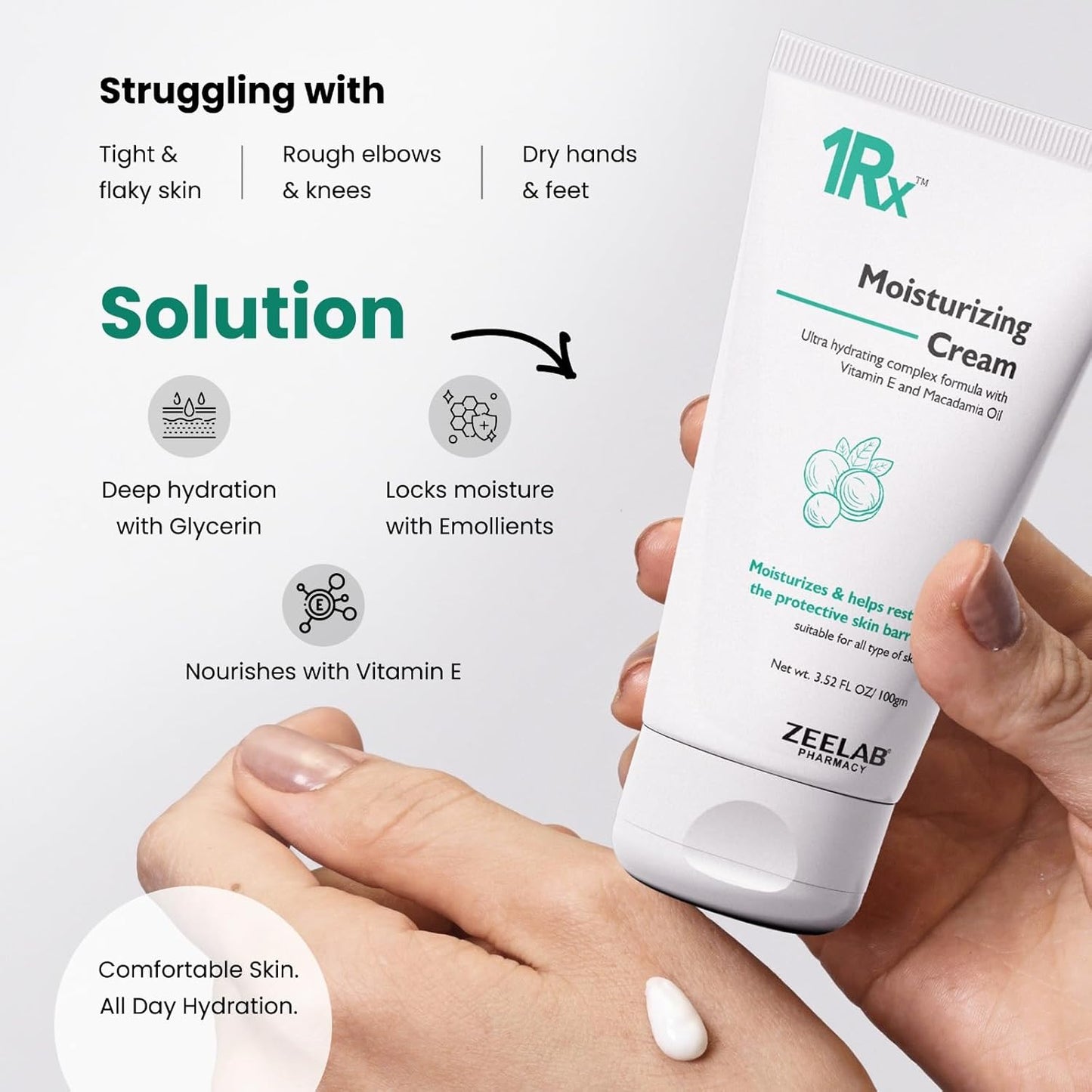 Zeelab 1RX Moisturizing Cream 100gm | Face & Body Moisturizer with Glycerin, Vitamin E & Macadamia Oil | Non-Greasy Daily Hydration Cream for Dry Skin
