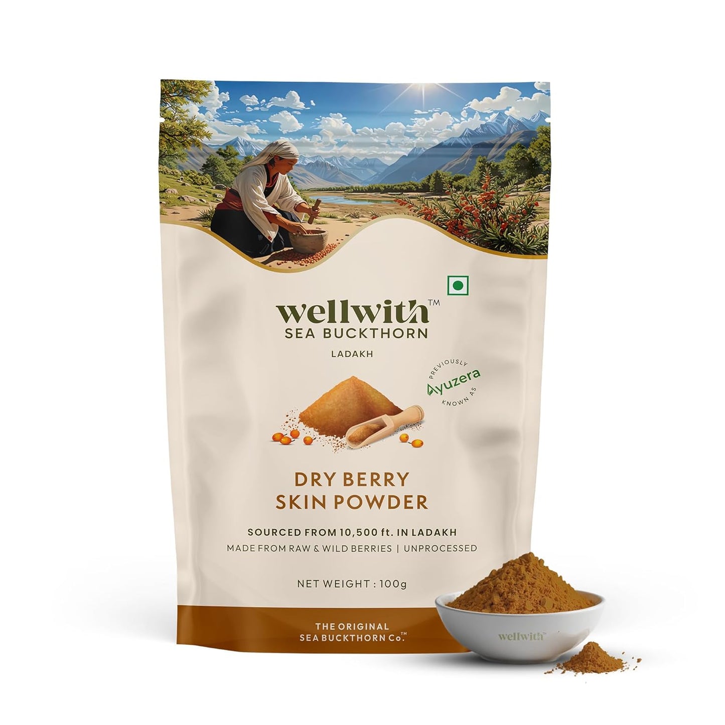 Wellwith by Ayuzera Sea buckthorn Berry Skin Powder 100g | Rich in Vitamin C | No oil | Edible | Fiber, Omegas | Dry Seabuckthorn Himalayan Berry Powder | Pack of 1