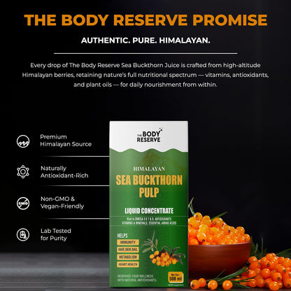 The Body Reserve Himalayan Sea Buckthorn Juice 500ml | Cold Pressed Seabuckthorn Berry Pulp Concentrate | Natural Vitamin C | Omega 3-6-7-9 | Antioxidant-Rich Gut Health Juice for Skin Glow, Heart & Immunity Support