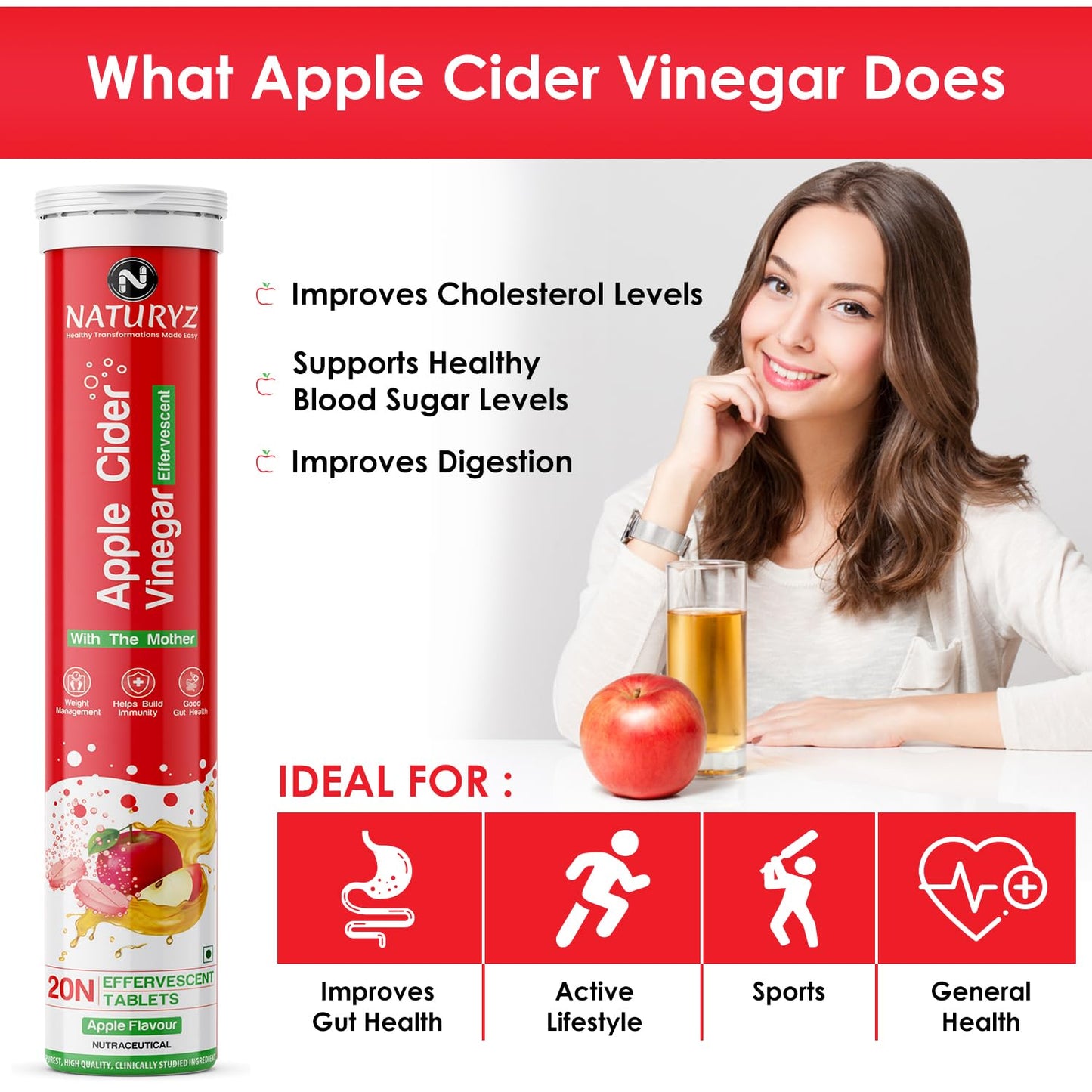 Naturyz Apple Cider Vinegar Effervescent with L Carnitine, Garcinia cambogia | Control Cravings | Beetroot for Detox & Energy| Immunity | Inulin Fibre Supports Digestion | Gluten-Free | No Maltodextrin & No Added Sugar | Vegan - 20 tablets (Apple Flavour)