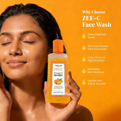Zeelab ZEE-C Vitamin C Face Wash 200ml | Brightening Face Cleanser with Niacinamide, Aloe Vera, Licorice & Mulberry Extract | Helps Reduce Dullness, Dark Spots & Excess Oil | Gentle Daily Face Wash for Oily, Normal & Combination Skin