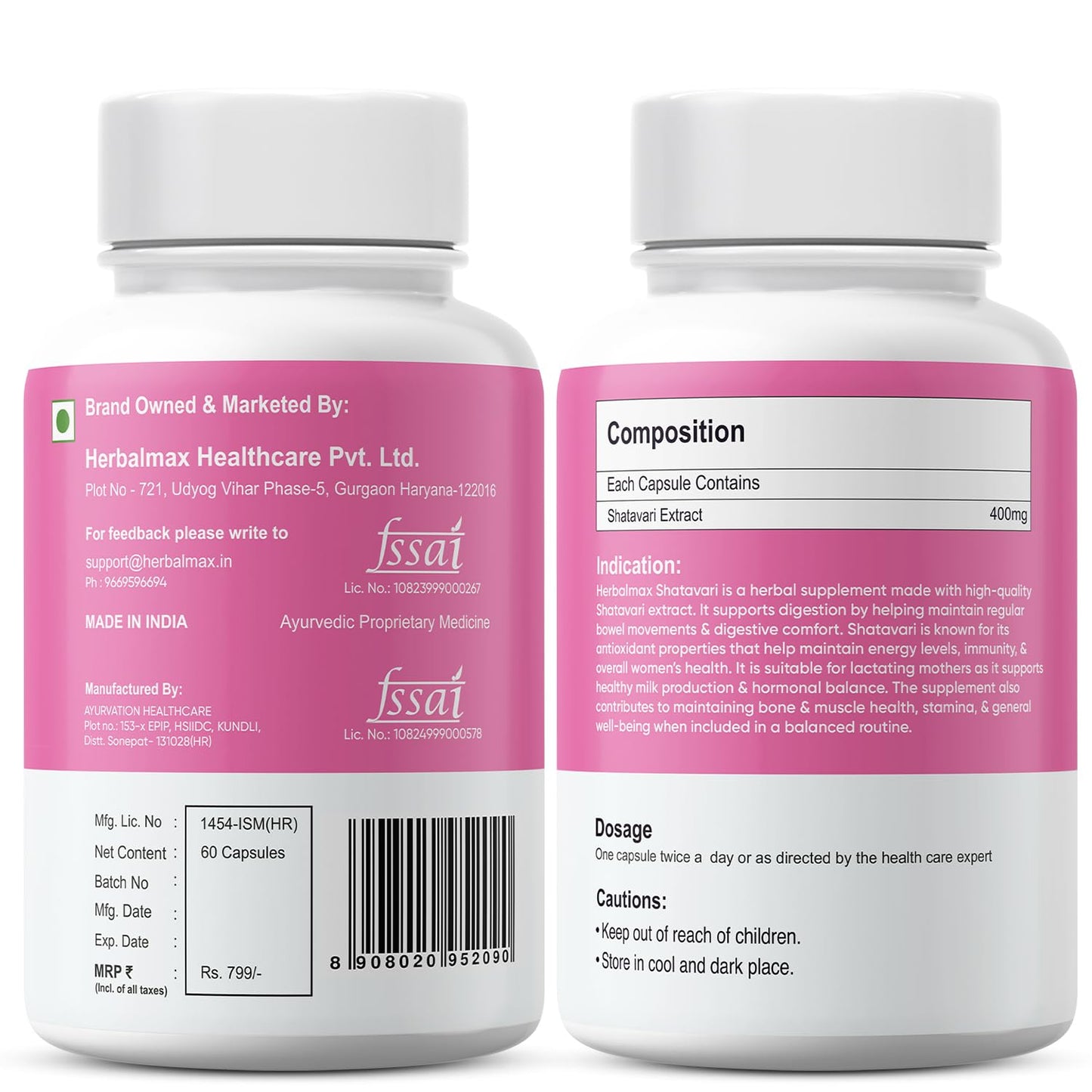 Herbalmax Organic Shatavari 400mg | Hormonal Balance & Womenâ€™s Health Supplement | Supports Lactation, Immunity, Bone & Muscle Strength, Rich in Antioxidants â€“ 60 Veg Capsules