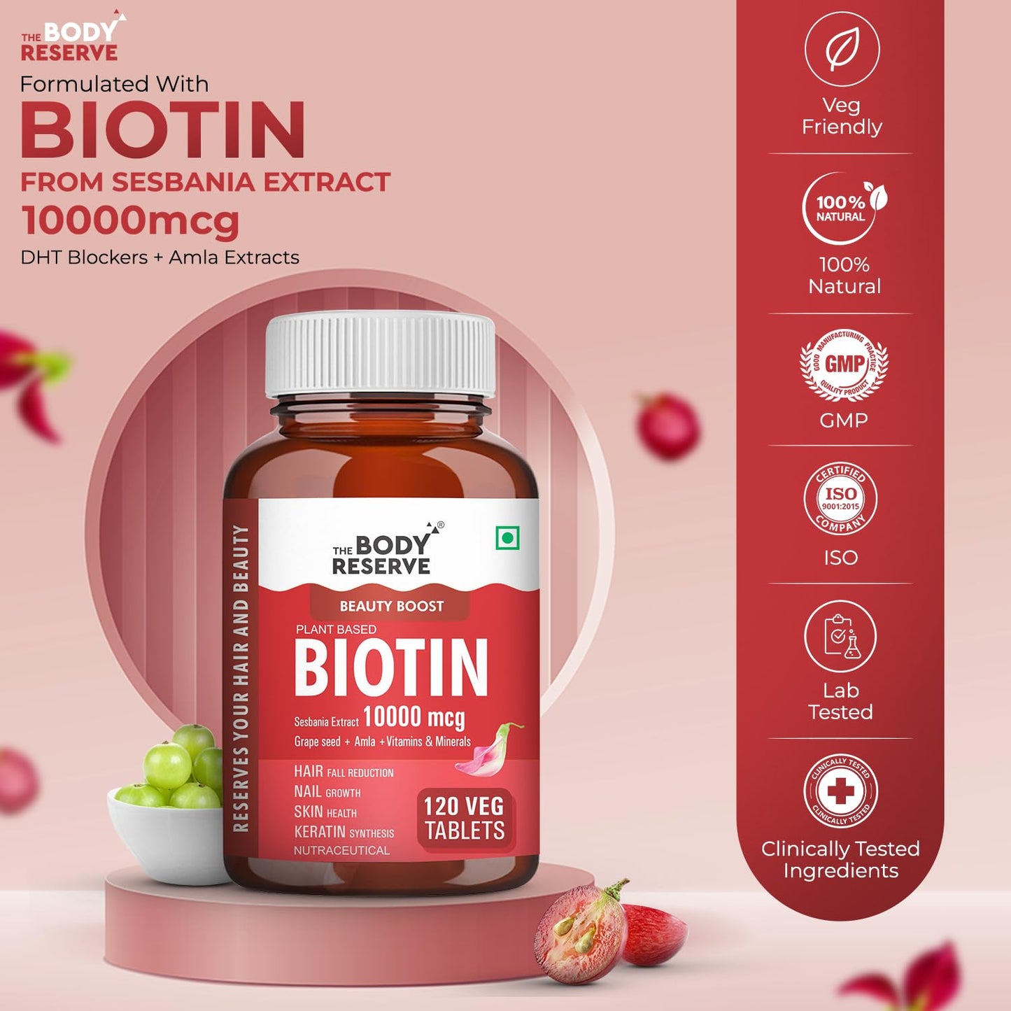The Body Reserve Plant Based Biotin Tablets | Biotin from Sesbania with Amla & Grapeseed | Hair Vitamins for Men & Women Supporting Hair Growth & Hair Regrowth | Strong Hair, Skin & Nails | 120 Veg Tablets