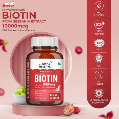 The Body Reserve Plant Based Biotin Tablets | Biotin from Sesbania with Amla & Grapeseed | Hair Vitamins for Men & Women Supporting Hair Growth & Hair Regrowth | Strong Hair, Skin & Nails | 120 Veg Tablets