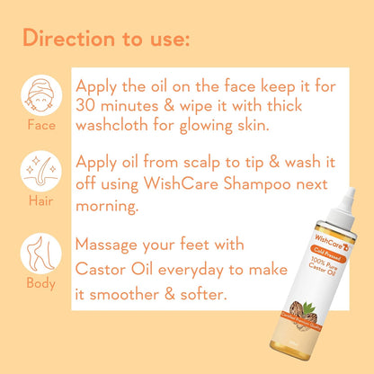 WishCare Cold Pressed Castor Oil | For Hair, Skin, Nails, Eye Lash | Virgin Grade | 100% Natural | 200ml