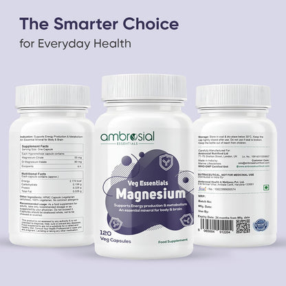 Ambrosial Magnesium Complex Food Supplement | Increases Muscle Functions | Reduces Tiredness | Boosts Energy Levels (Pack of 1-120 Capsules)