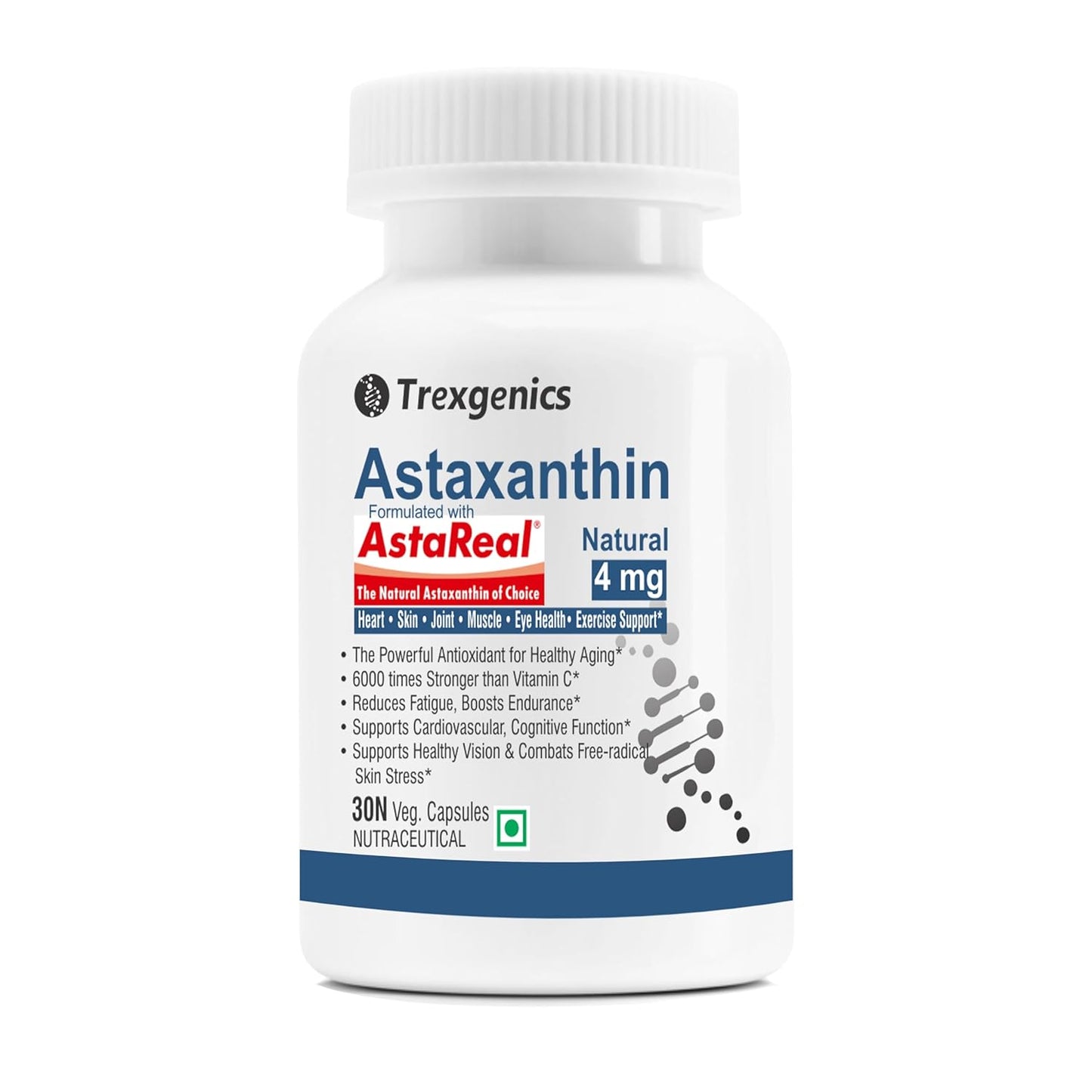 Trexgenics ASTAREAL Natural ASTAXANTHIN 4 mg from Japan (from 100 mg extract) Heart, Skin,Joint, Muscle, Eye, Exercise Support (30 Veg. Capsules) (30 Veg Capsules)
