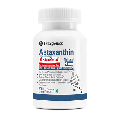 Trexgenics ASTAREAL Natural ASTAXANTHIN 4 mg from Japan (from 100 mg extract) Heart, Skin,Joint, Muscle, Eye, Exercise Support (30 Veg. Capsules) (30 Veg Capsules)