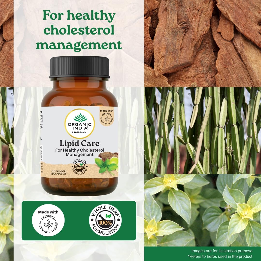 A TATA Product - Organic India Lipid Care - 60 Veg Capsules, Helps In Normal Cholesterol Levels & Lipid Levels, Lower Heart Rate & Blood Pressure, Naturally Rich In Antioxidants, GMP & NPOP Certified