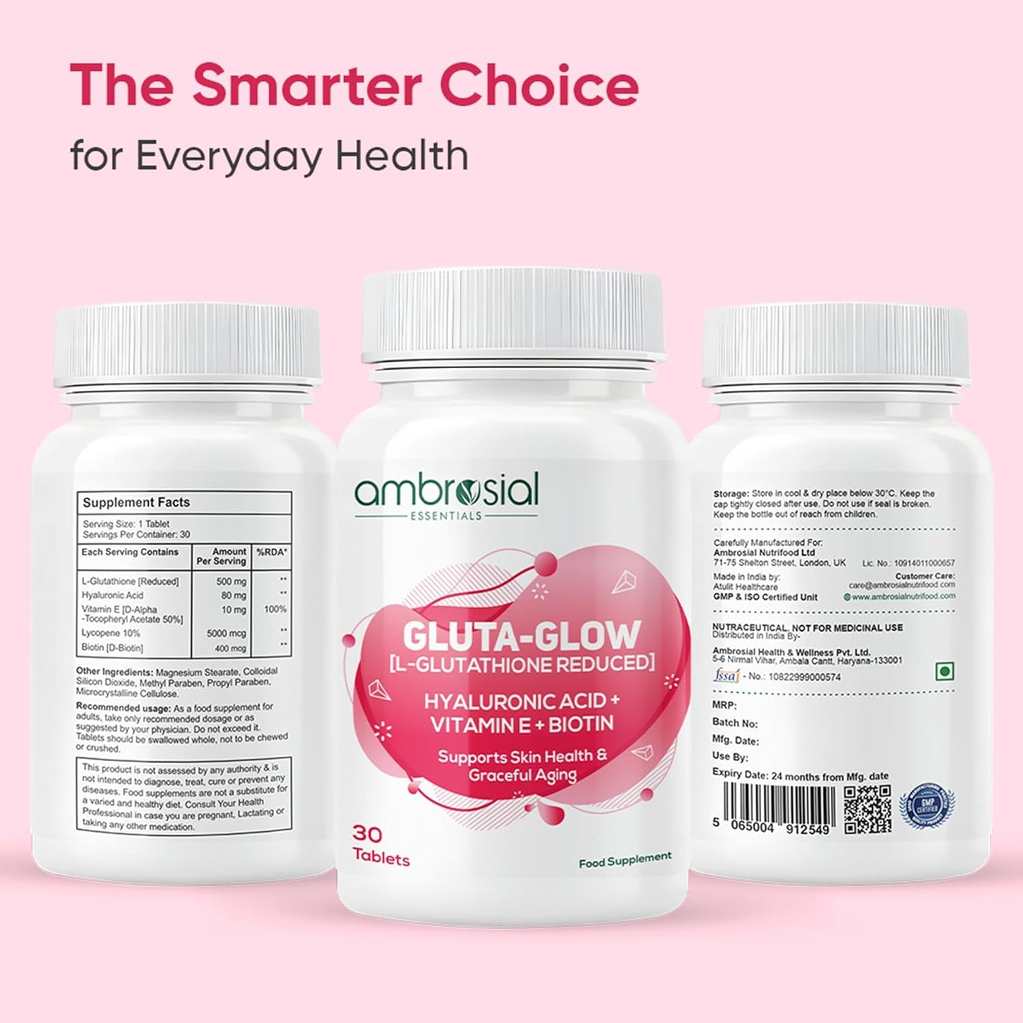 Ambrosial Gluta-Glow L-Glutathione 500mg Tablets with Vitamin C, Vitamin E, Hyaluronic Acid, Lycopene & Biotin â€“ Japanese L Glutathione Supplement â€“ 30 Vegan Tablets