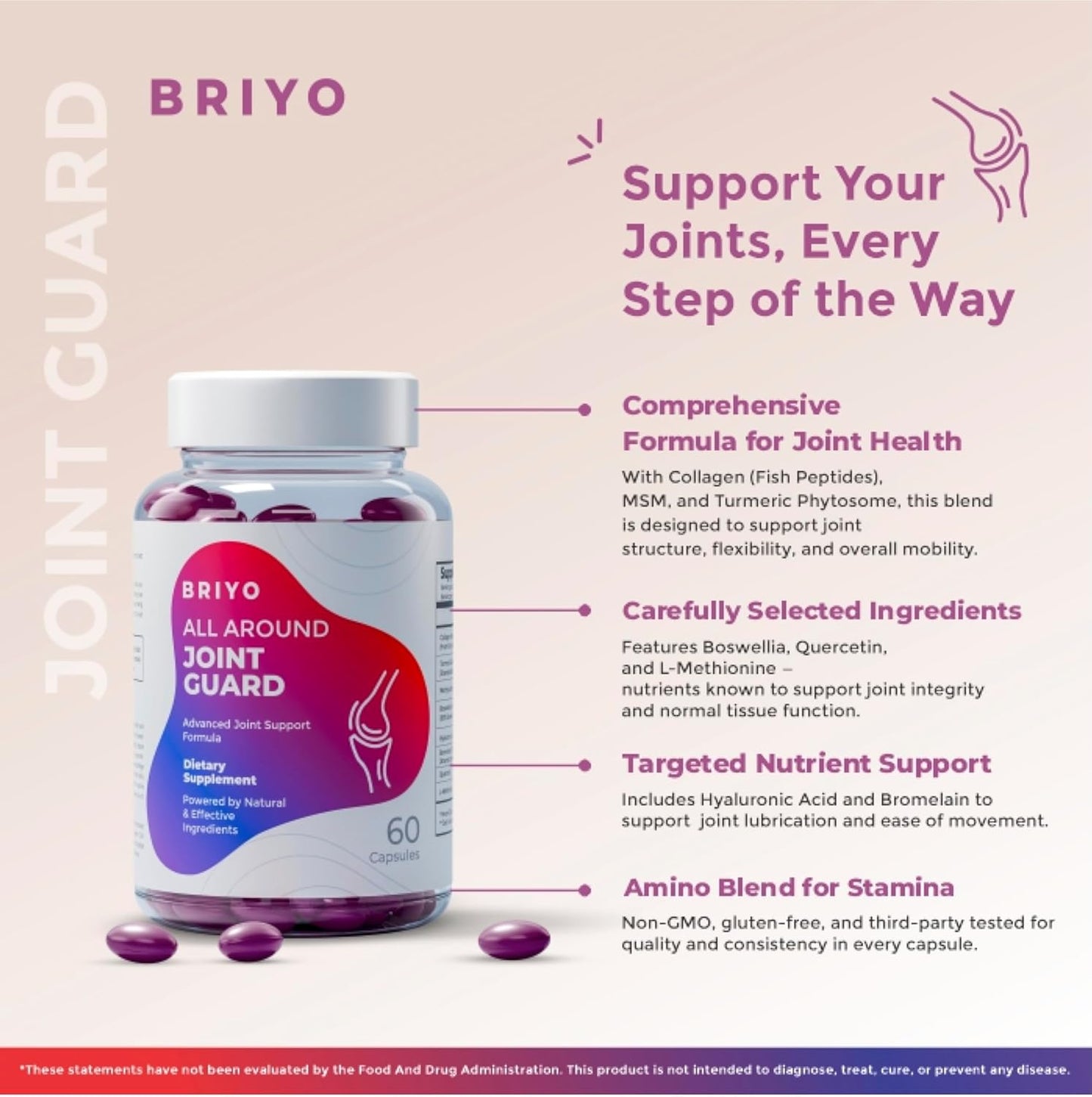 Briyo Joint Health Supplement All Around Joint Guard- with Collagen, Hyaluronic Acid, MSM & Boswellia, Quercetin, Bromelain and more for Cartilage, Joint Health & Flexibility, 60 Capsules