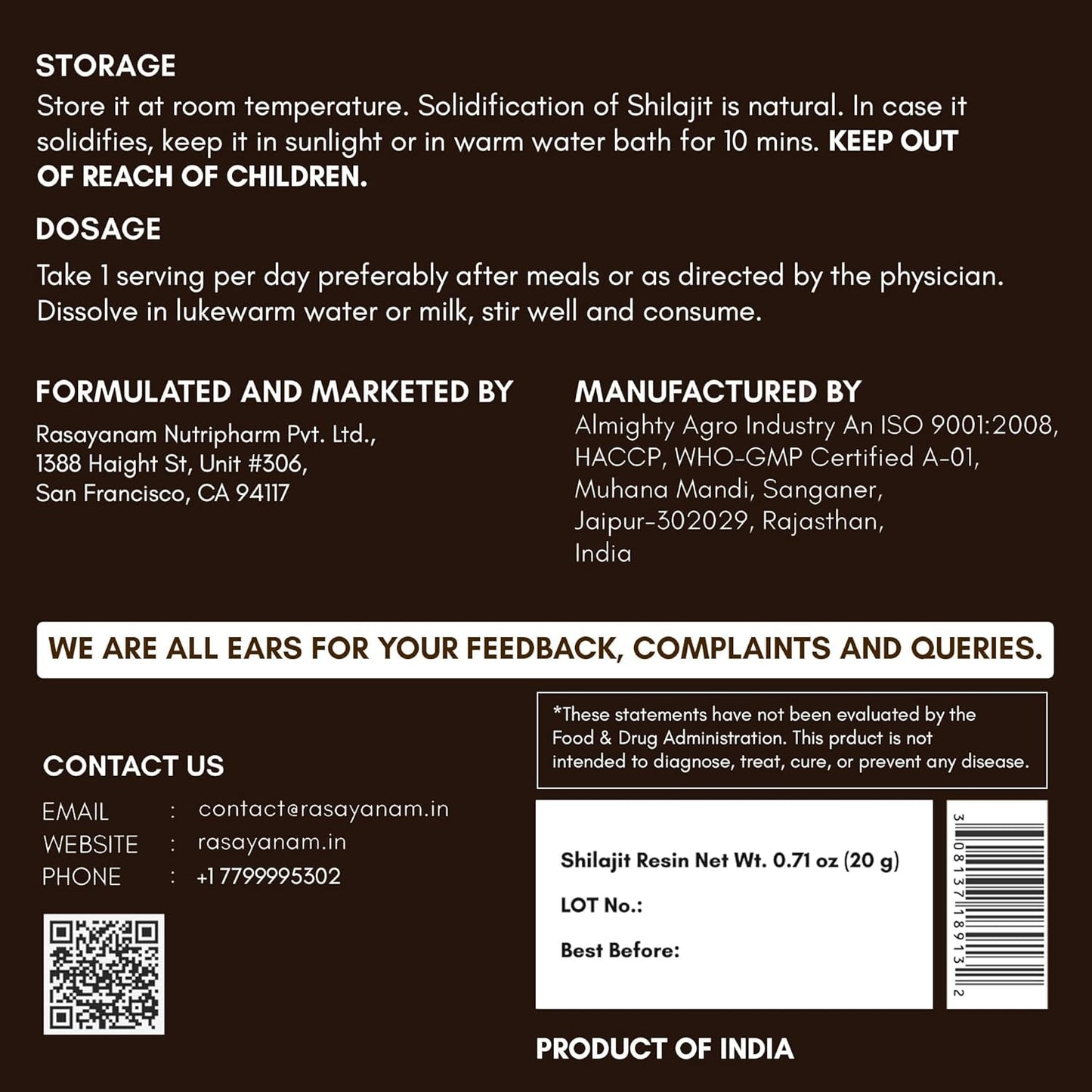 Rasayanam Pure Himalayan Shilajit Resin | Highly Purified with 75% Fulvic Acid & 80+ Trace Minerals | Supports Energy, Stamina, Strength & Recovery | 20 gm