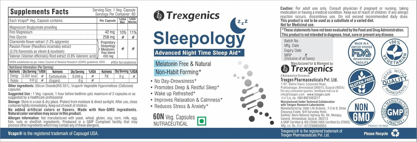 Trexgenics SLEEPOLOGY Advanced Melatonin-Free, Non-Habit Forming NightTime Sleep Support Passion flower, valerian, chamomile, Magnesium bisglyciante (60 Veg. Capsules)