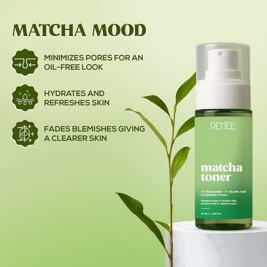 RENEE 3% Niacinamide & Cucumber Extract Matcha Face Toner | Alcohol-Free Toner For Dry, Oily- Acne Prone, Combination, Sensitive Skin | Pore Minimizing, Hydrating, Fades Blemishes | 60 ml