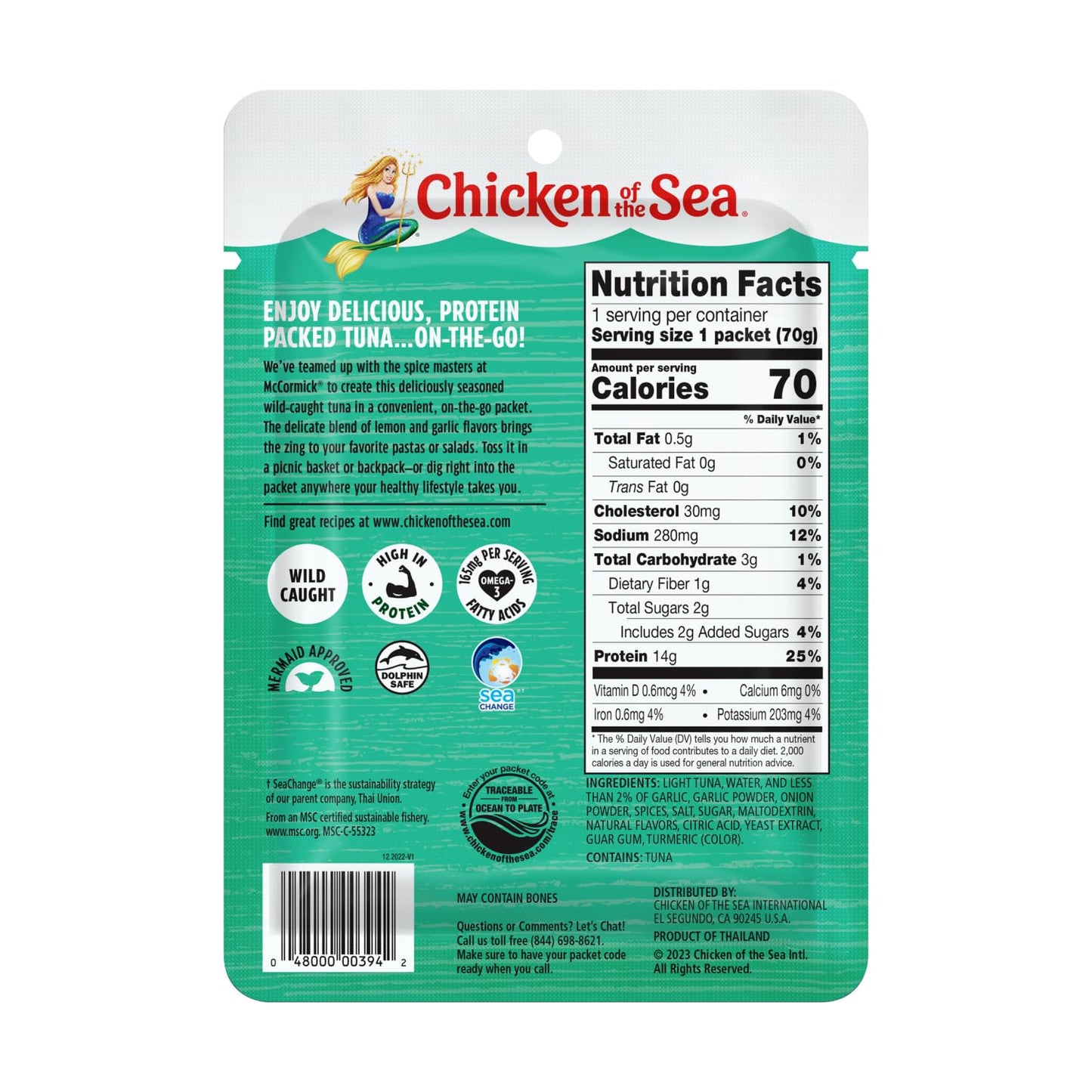Chicken of the Sea Wild Caught Light Tuna, Lemon Garlic, 2.5 oz