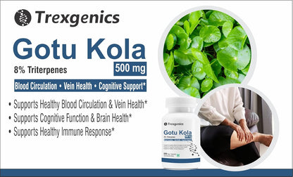 Trexgenics GOTU KOLA 8% Triterpenes 500 mg Vein Health, Blood circulation, Cognitive Function, Immunity VEGAN & NON-GMO (60 Veg Capsules)