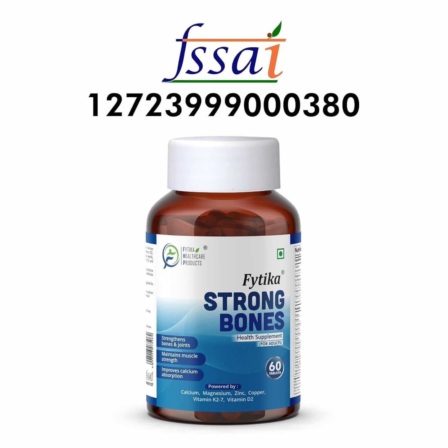 Fytika Strong Bones - 60 TABS (Pack of 1) | Calcium 1000mg + Vitamin D3 400IU Supplement with Magnesium, Zinc,Coper & Vitamin K2 for Complete Bone, Joint & Muscle Health - Women and Men