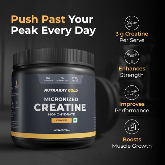 Nutrabay Gold Micronised Creatine Monohydrate Powder 3000 mg Creatine per Serving, NABL Lab Tested â€“ Increases Muscle Mass, Strength & Power â€“ Pre/Post Workout Supplement â€“ 250 g, Orange