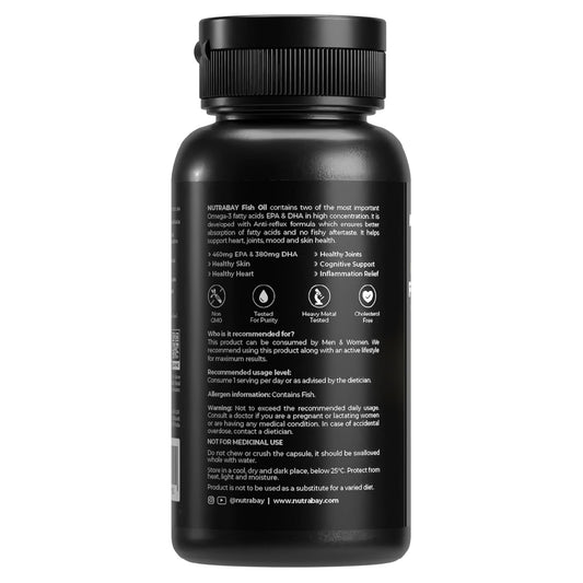 Nutrabay Pro Fish Oil Omega 3 (Triple Strength) - 1000mg for Adults, Capsules 60 Count