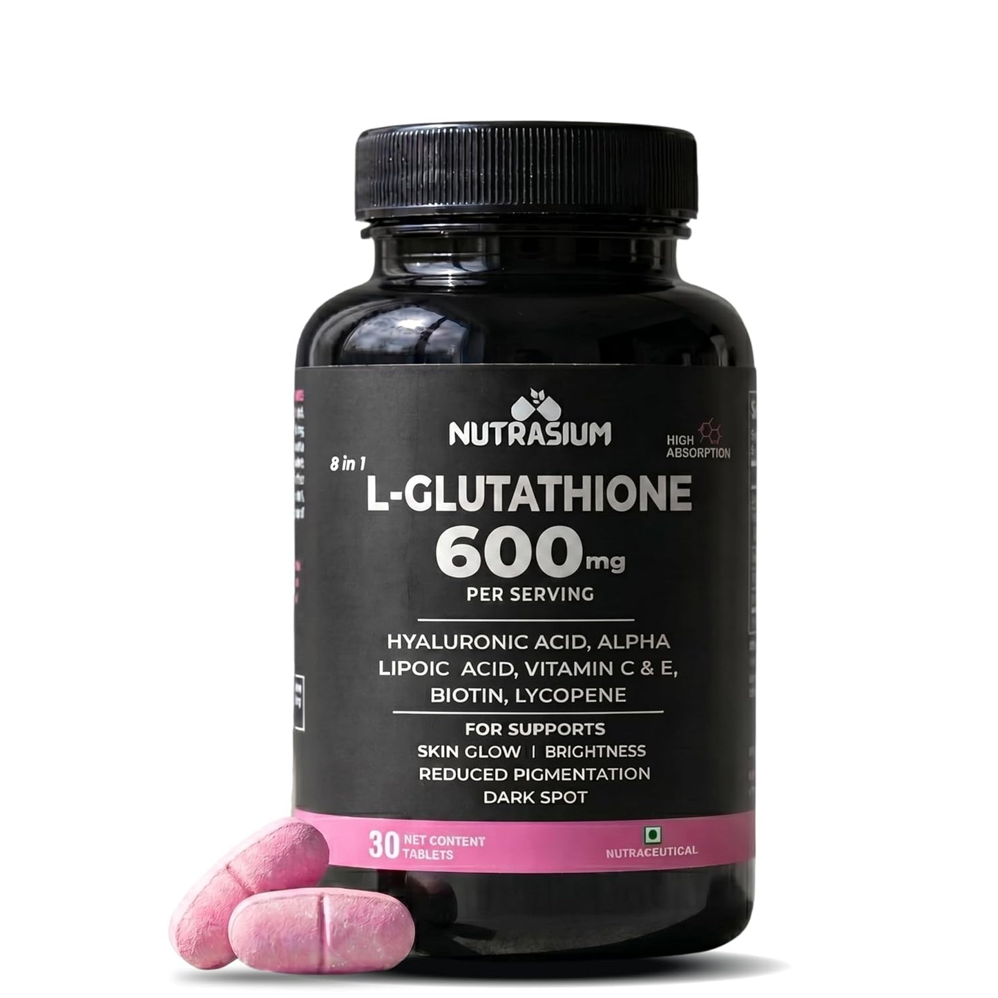 Nutrasium L-Glutathione 600 mg with Hyaluronic Acid & Biotin | For Skin Glow, Brightening, Hydration, & Skin Radiance, Reduce Dark Spot & Pigmentation | 30 Tablets
