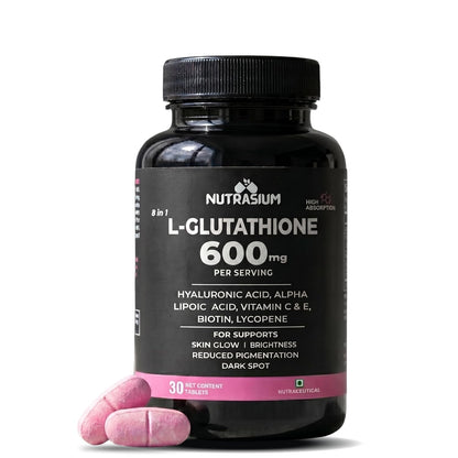 Nutrasium | Glutathione tablets for skin Glow | L-Glutathione 600 mg with Hyaluronic Acid & Biotin | For Skin Glow, Brightening, Hydration, Even skin tone & Skin Radiance | Added Vitamin C & E with Lycopene | 30 Tablets