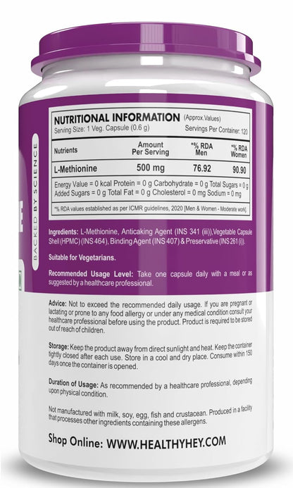HealthyHey Nutrition L-Methionine Free Form Pure Crystalline -120 Veg Capsules
