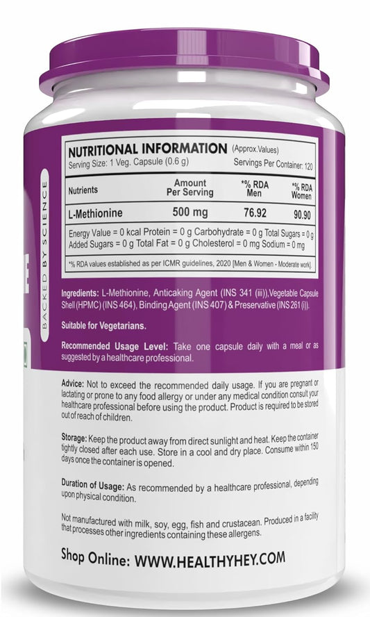 HealthyHey Nutrition L-Methionine Free Form Pure Crystalline -120 Veg Capsules