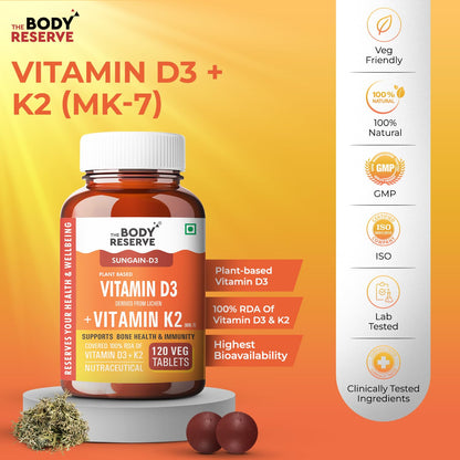 The Body Reserve Vitamin D3 K2 MK7-120 Veg Tablets, 100% RDA Plant-Based Vitamin D3 Supplement from Lichen Source with Vitamin K2 as MK7 Menaquinone