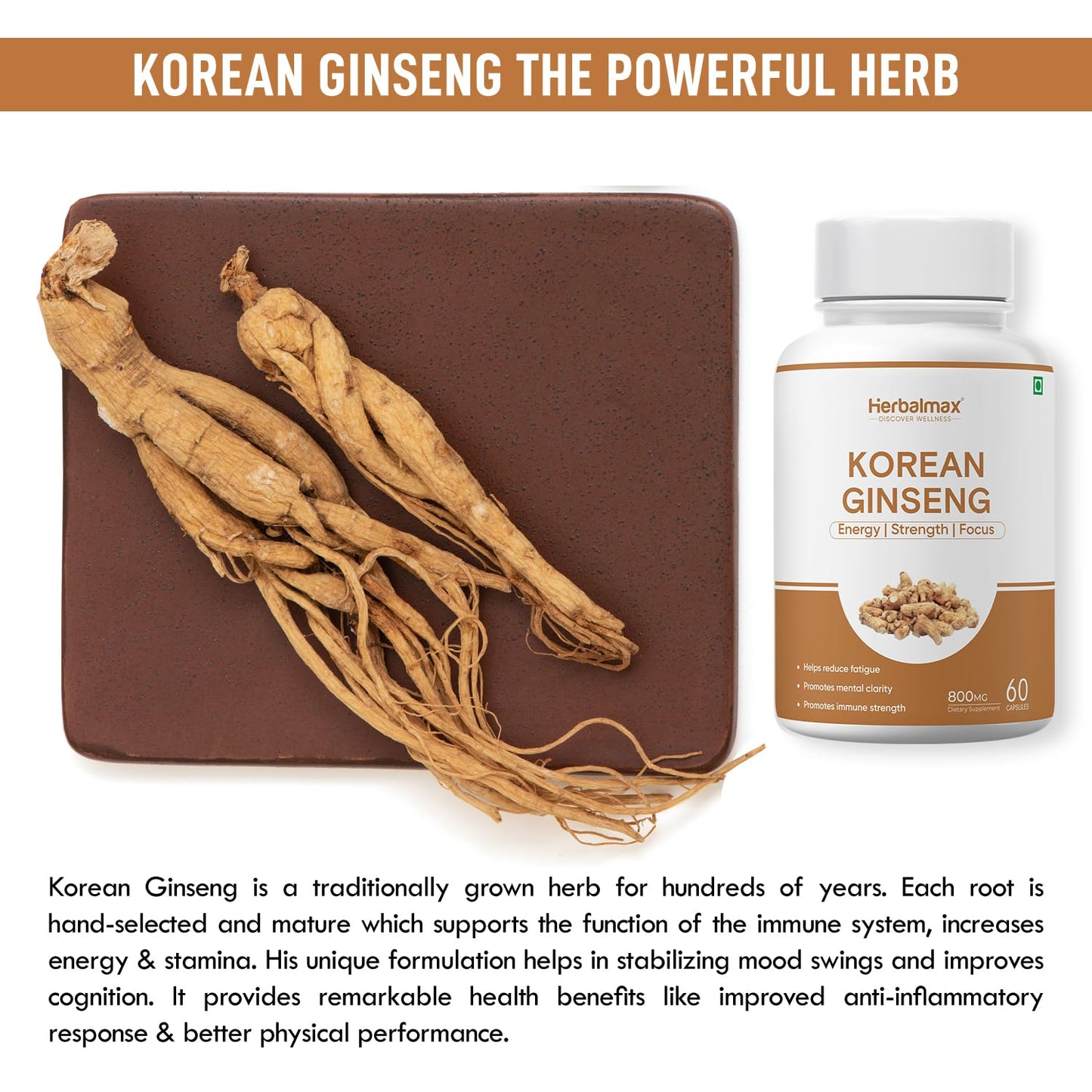 Herbal Max Korean Ginseng Capsules â€“ 60 Veg Capsules | Boosts Immunity, Stamina & Energy | Natural Stress Support | Ayurvedic Supplement for Men & Women