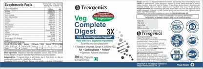 Trexgenics VEG COMPLETE DIGEST 3X, 100% Vegetarian Triple Action Digestive Support for Fat, Carbohydrates & Protein with 14 Enzymes, Ginger and Betaine HCL (30 Veg. Capsules) (Pack of 1)