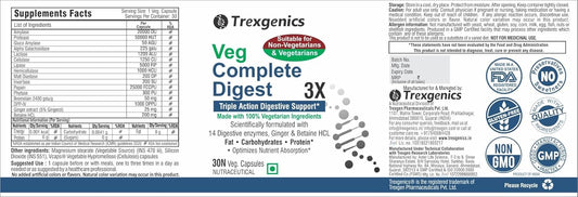 Trexgenics VEG COMPLETE DIGEST 3X, 100% Vegetarian Triple Action Digestive Support for Fat, Carbohydrates & Protein with 14 Enzymes, Ginger and Betaine HCL (30 Veg. Capsules) (Pack of 1)