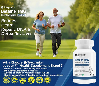 Trexgenics BETAINE - TMG (Trimethyglycine) 500 MG Homocysteine Balance, Liver Care, Athletic Performance Support (60 Veg Capsules) (Pack of 1)