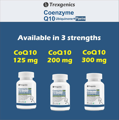 Trexgenics COENZYME Q10 200 mg USP grade Ubiquinone (Ubidecarenone) with Piperine 8 mg Antioxidant, Cellular Energy, Heart Health (30 Veg Capsules)