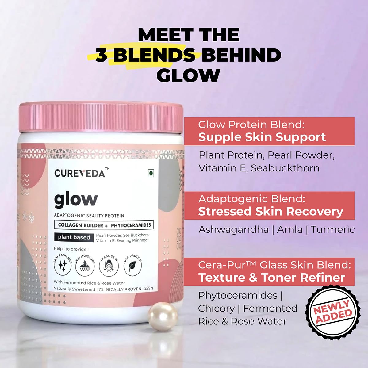 Cureveda Collagen Builder Glow Powder for Brighter & Youthful Skin, Plant-Based Supplement with Rose Water, Veg Beauty Protein, Evening Primrose 100IU, No Added Sugar, 225gm