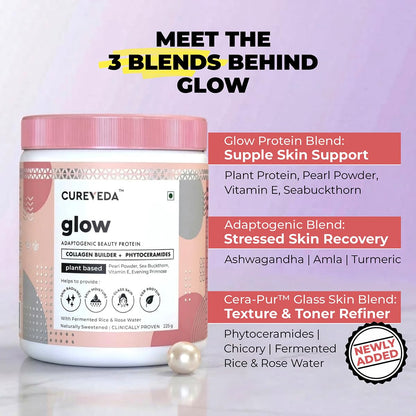 Cureveda Collagen Builder Glow Powder for Brighter & Youthful Skin, Plant-Based Supplement with Rose Water, Veg Beauty Protein, Evening Primrose 100IU, No Added Sugar, 225gm