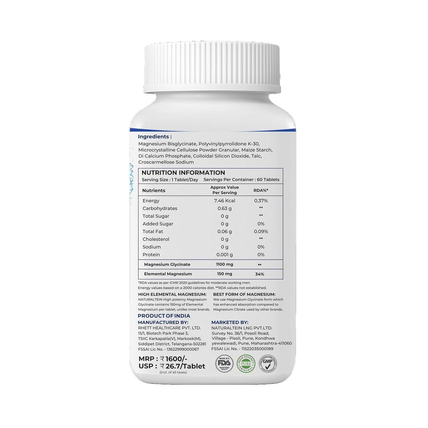 Naturaltein Magnesium Glycinate 1100mg (150mg Elemental) | Chelated High Absorption Magnesium Supports Sleep Quality & Muscle Relaxation | Glyphosate Tested | 60 Tablets
