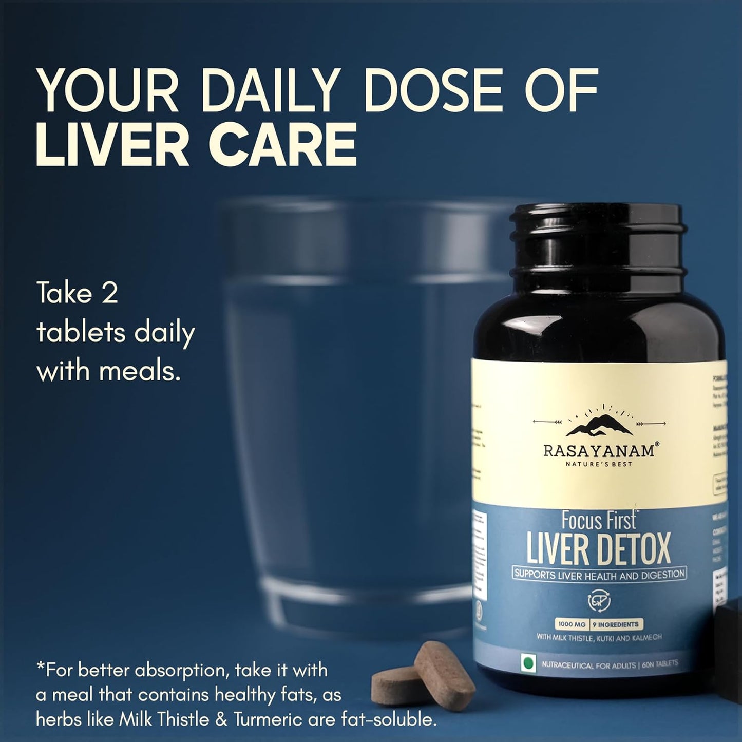 Rasayanam Liver Detox Supplement 1000mg | Milk Thistle and NAC | 80% Silymarin | Added herbs like Kutki, Kalmegh, Turmeric, Dandelion, Zinc & more | Supports Detox, Digestion, Energy & Daily Liver Wellness - 60 Tablets