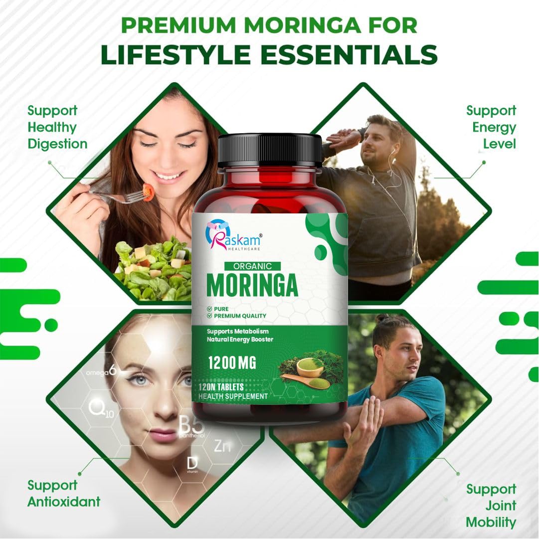 Organic Moringa Tablet with 1200mg Leaves Extract | Powder Tablets for Immunity, Digestion & Energy | Organic Leaves 120 Tablets