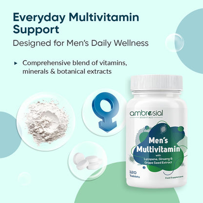 Ambrosial Men's Multivitamin Tablets - Multivitamin for Men with Lycopene, Ginseng & Grapeseed extract- Multivitamins for Men, Supports Muscle Strength, Immunity, Energy & Endurance 120 Tablets
