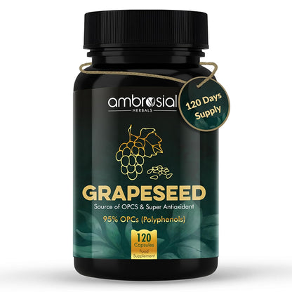 Ambrosial Grape Seed Extract Capsules | 95% OPCs Polyphenols | High Strength Grape Seed Supplement | Strong Antioxidant | Pack of 1-120 Vegan Capsules