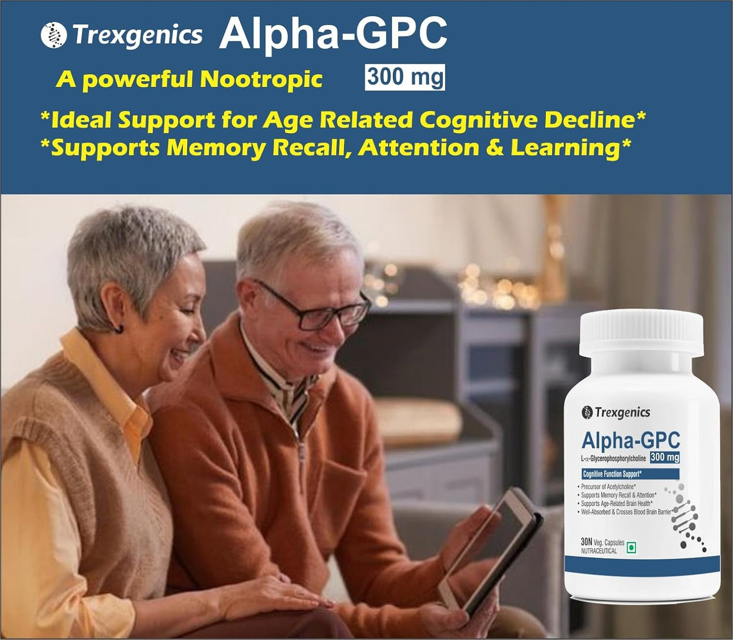 Trexgenics ALPHA-GPC 300 mg L-Î±-Glycerophosphorylcholine Cognitive Function, Brain Health Support (30 Veg Capsules)