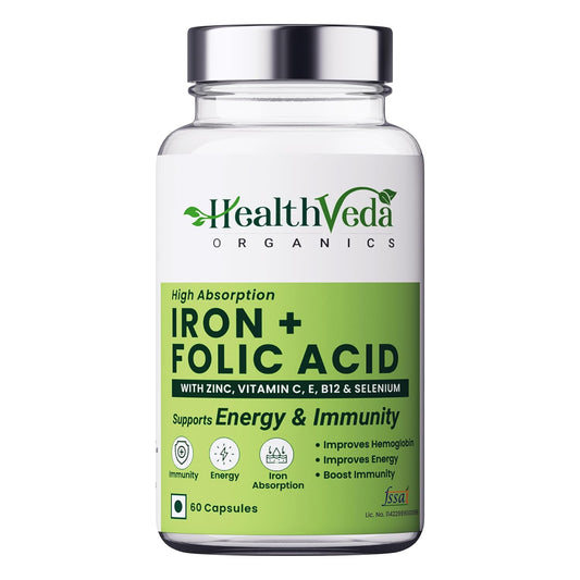 HEALTH VEDA ORGANICS PRIVATE LIMITED Chelated Iron Folic Acid Supplement With Zinc, Vitamin C & B12, Zinc & Spinach Leaves | Hemoglobin, Boost Immunity & Maintains Iron Level | 60 Veg Capsules