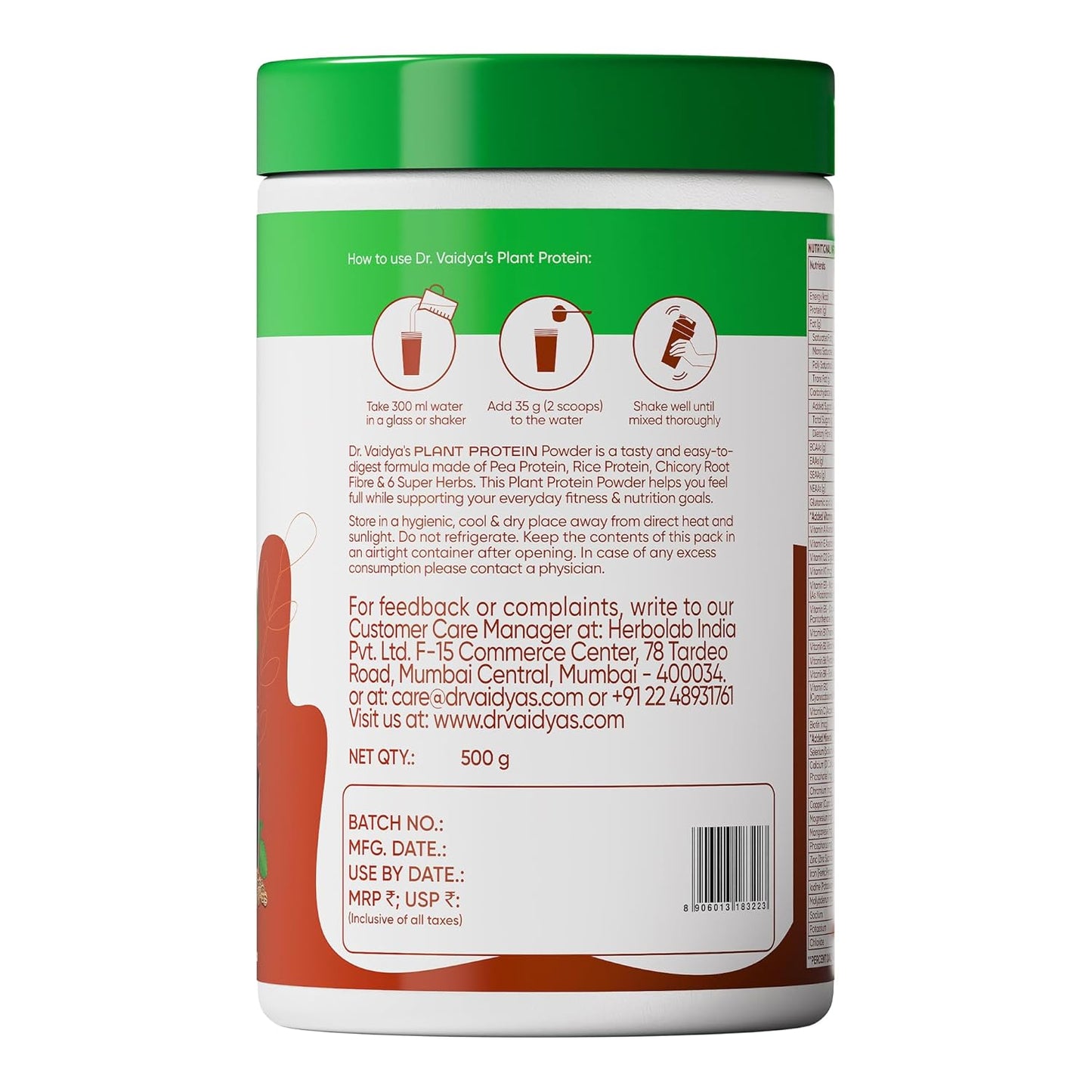 Dr. Vaidyaâ€™s Plant Protein Powder | Ayurvedic Pea Protein with Ashwagandha, Methi & Ajwain | 25g Protein per Serving | Muscle Gain, Energy & Weight Loss | 500g Chocolate Flavour